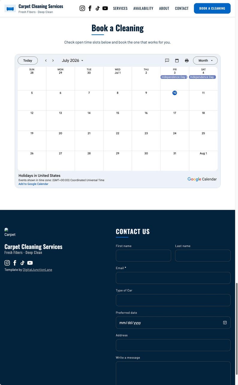 Pu&ograve; includere: Una pagina web per Carpet Cleaning Services che presenta un'interfaccia di calendario di luglio 2026 con l'Independence Day segnato, pulsanti di navigazione e un modulo di contatto con campi per nome, email, tipo di auto, data preferita, indirizzo e una casella per i messaggi.