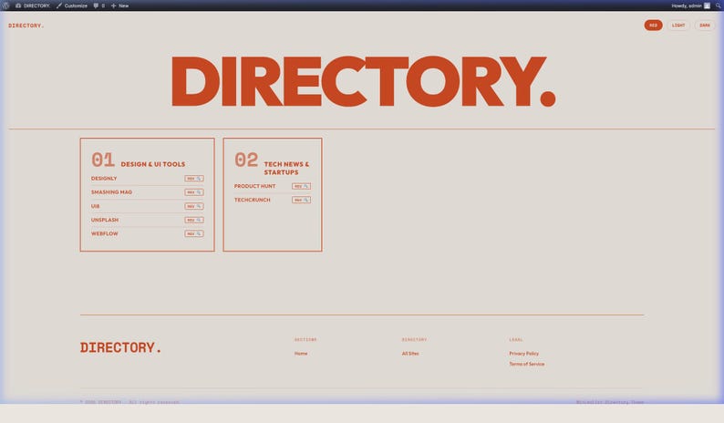 May include: A website interface with a light beige background and bold orange text. The word DIRECTORY. is centred at the top. Two rectangular boxes labelled 01 DESIGN & UI TOOLS and 02 TECH NEWS & STARTUPS list various website names.