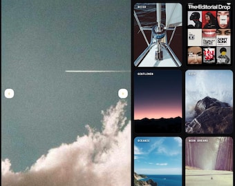 Può includere: Un modello di sito web per portfolio digitale intitolato Herod di Digitaljunctionlane, caratterizzato da un'interfaccia scura con una grande immagine di nuvole a sinistra, menu di navigazione, link ai social media e una griglia di miniature di progetti tra cui Beige, The Editorial Drop, Gentlemen, City, Oceanic, Neon Dreams, Minimalist e Vintage.