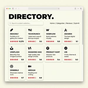 May include: A web browser interface titled DIRECTORY with a search bar and navigation links. It displays a grid of cards for websites like DESIGNLY, TECHCRUNCH, WEBFLOW, AWARDS, UNSPLASH, SMASHING MAG, PRODUCT HUNT, UI8, DRIBBBLE, and MEDIUM with ratings.