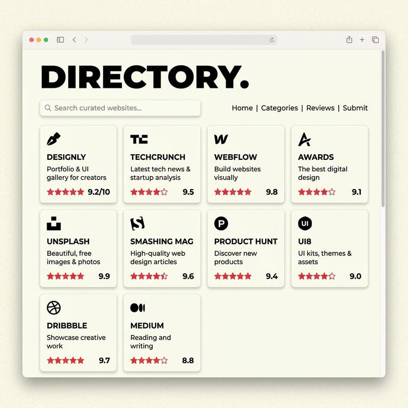 May include: A web browser interface titled DIRECTORY with a search bar and navigation links. It displays a grid of cards for websites like DESIGNLY, TECHCRUNCH, WEBFLOW, AWARDS, UNSPLASH, SMASHING MAG, PRODUCT HUNT, UI8, DRIBBBLE, and MEDIUM with ratings.