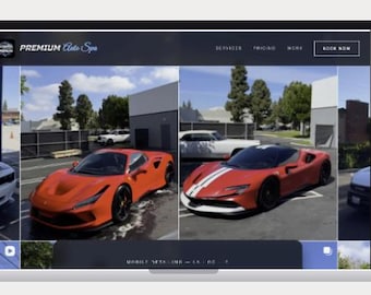 Può includere: Uno schermo di computer portatile che mostra il sito web Premium Auto Spa, con una barra di navigazione scura con il testo Premium Auto Spa, Services, Pricing, Work e Book Now. L'area principale mostra una griglia di auto sportive arancioni.