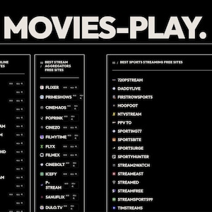 May include: A black webpage titled MOVIES-PLAY. featuring a directory of streaming sites organised into three columns: Free Movie Online Streaming Sites, Best Stream Aggregators Free Sites, and Best Sports Streaming Free Sites with lists of links.