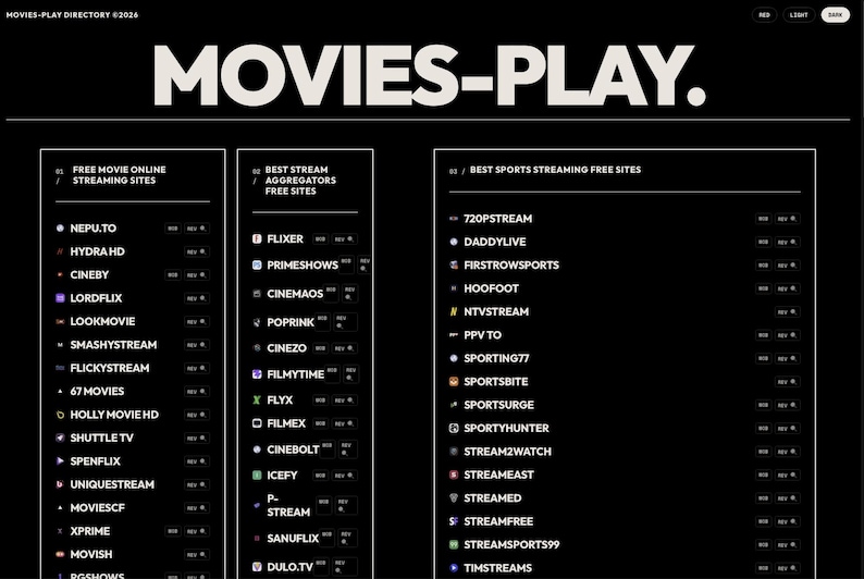 May include: A black webpage titled MOVIES-PLAY. featuring a directory of streaming sites organised into three columns: Free Movie Online Streaming Sites, Best Stream Aggregators Free Sites, and Best Sports Streaming Free Sites with lists of links.