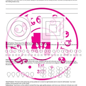 May include: A pink and white cookie decorating practice sheet with instructions on how to pipe icing. The sheet includes different shapes and designs to practice on, including circles, squares, teardrops, and hearts. The text on the sheet reads "Cookie Decorating Practice Sheet".