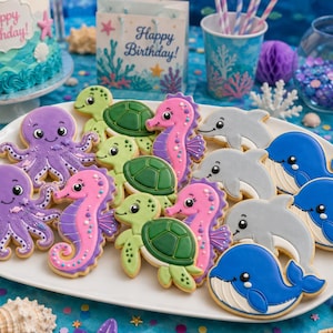 May include: A white platter filled with assorted sea creature-shaped sugar cookies decorated with royal icing. The collection includes purple octopuses, green sea turtles, pink seahorses, gray dolphins, and blue whales, all featuring detailed icing.