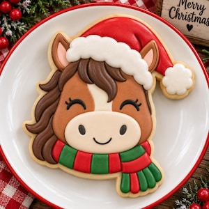 May include: A sugar biscuit shaped like a horse head wearing a red and white Santa hat and a red and green striped scarf. The horse has brown fur, a dark brown mane, and a cream-coloured muzzle. The biscuit is decorated with smooth icing.