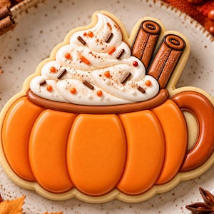 May include: A pumpkin-shaped cookie decorated with orange icing to resemble a mug, topped with white icing swirls, brown and orange sprinkles, and two brown cinnamon stick decorations. The cookie features a smooth, glossy finish.