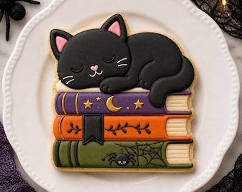 May include: A sugar cookie shaped like a black cat sleeping on a stack of three books. The top book is purple with gold stars and a crescent moon, the middle is orange with a black bookmark, and the bottom is olive green with a spider web.