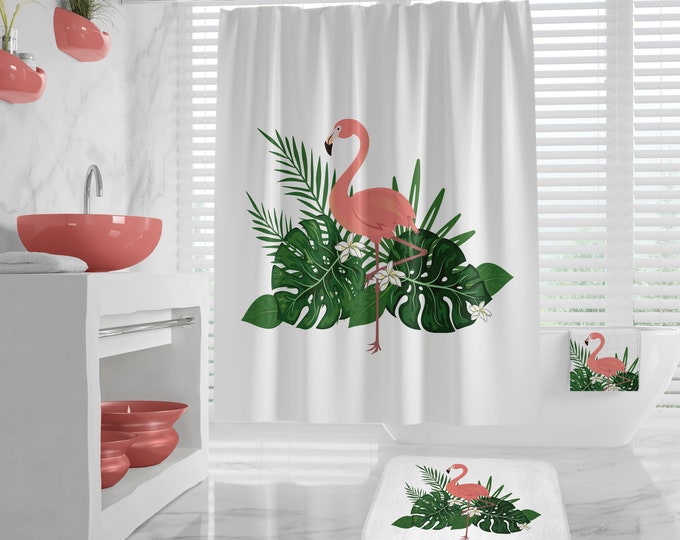 Flamingo Shower Curtain, Flamingo Bath Mat, Tropical leaves Shower curtain, summer design Bath Decor, Flamingo Towels, exotic bathroom decor