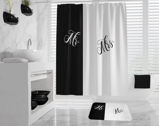 Mr and Mrs Shower Curtain and Bath Mat Set, Bride and Groom gift, funny wedding gift, his side her side shower curtain, bridal shower gift