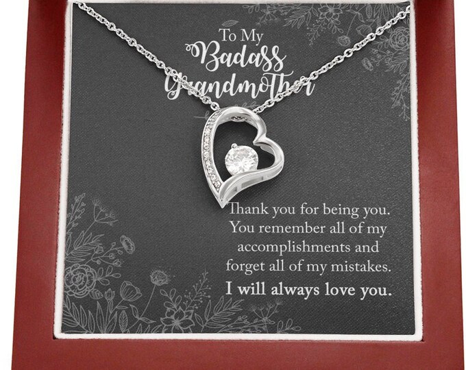Grandmother Heart Necklace - My Badass Grandmother - Sentimental gift for grandmother - Thank You For Being You - 14K White Gold Finish