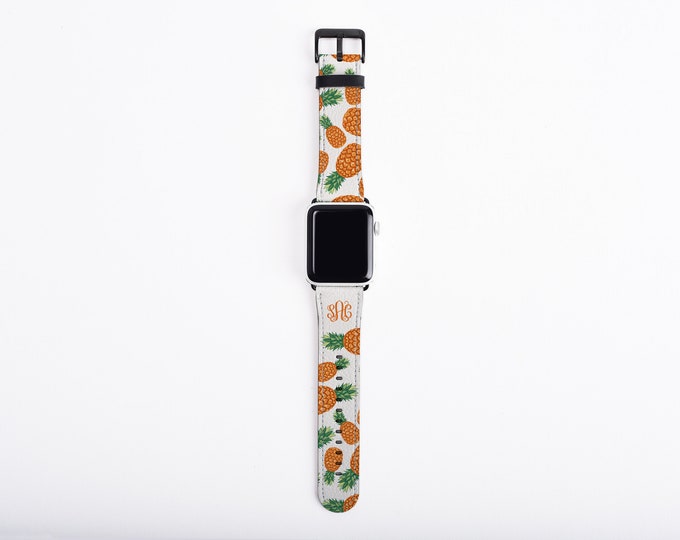 Pineapple custom monogram Apple Watch Band, monogram watch strap, faux leather 38 mm, 40mm, 42 mm, personalized gift, custom graduation gift