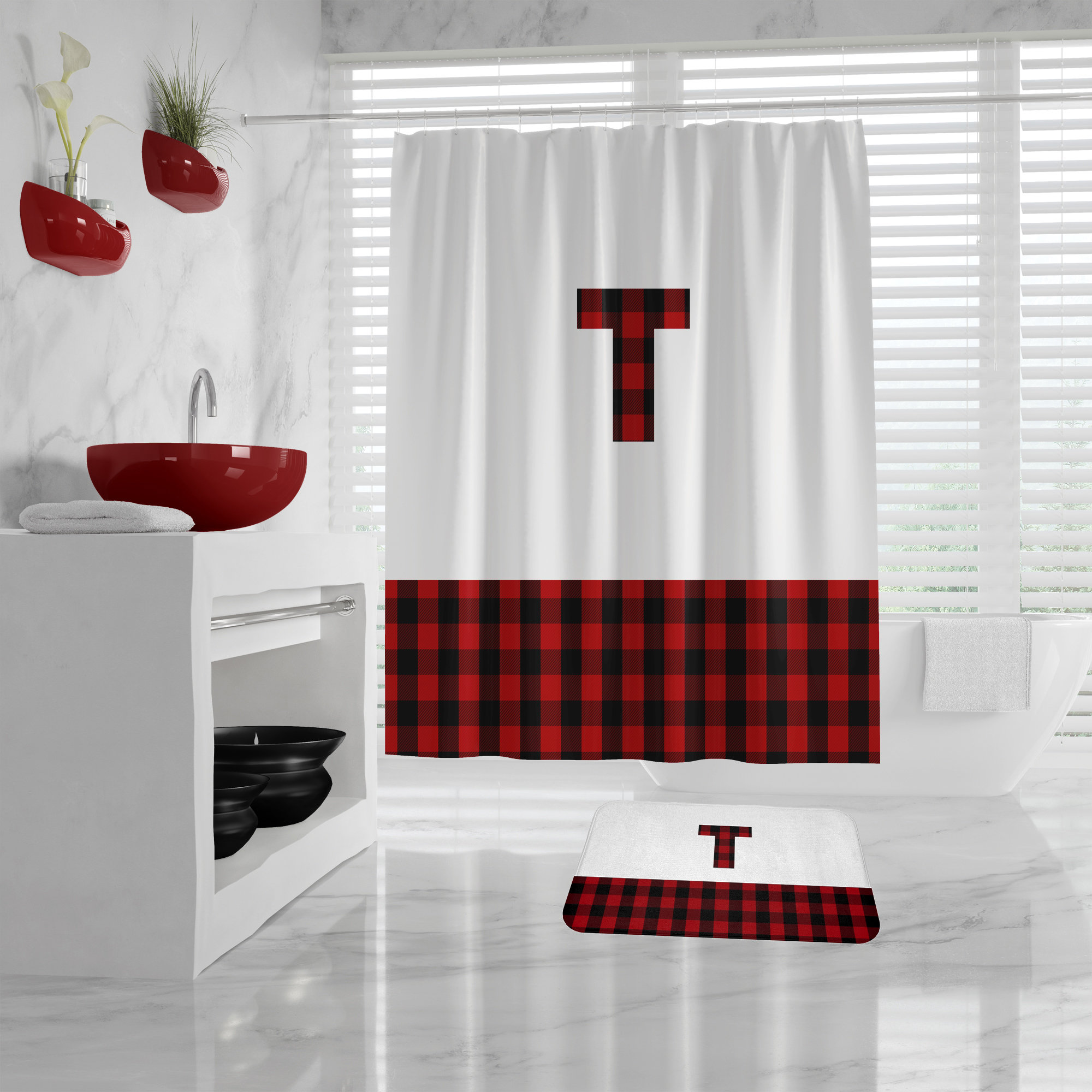 Red Buffalo Plaid Block Shower Curtain, Red Plaid Bath Mat