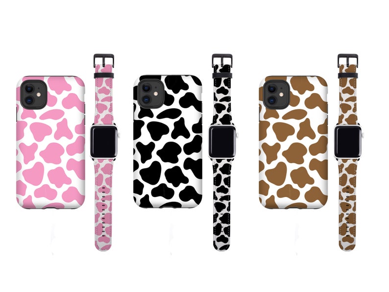Black Brown Pink Cow Print Apple Watch Band and iPhone Case image 1