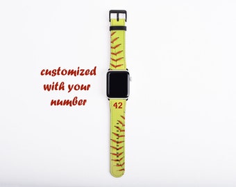Softball Apple Watch Band, custom number watch strap, faux leather, 38 mm, 42 mm, custom iWatch, personalized gift for boys, softball mom