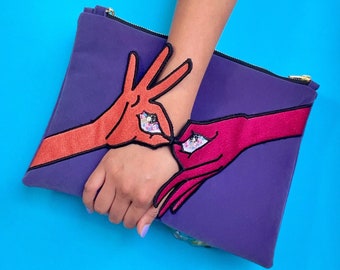 MARIVELOUS | Handmade clutch with shoulder strap and eye/hand surrealist design. Wearable art for the stylish, Dopamine Dressing for All!