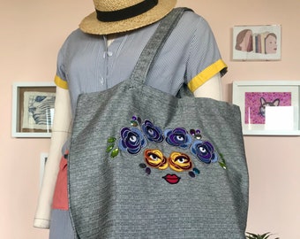 FRIDA CALA tote bag | unique flower embroidered and beaded sturdy shopper beach bag, special Birthday gift