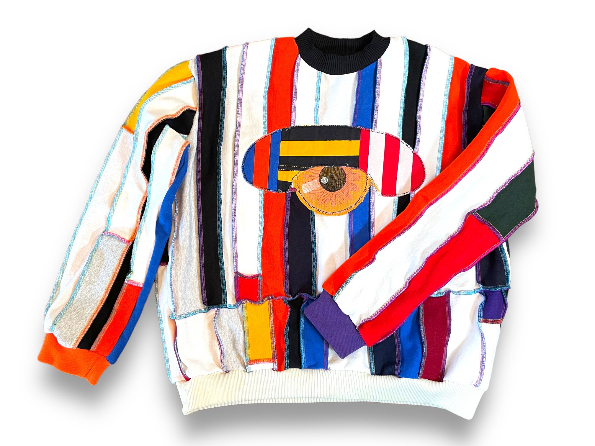Upcycled Sweatshirt: Deconstructed Patchwork With Embroidered Eye 