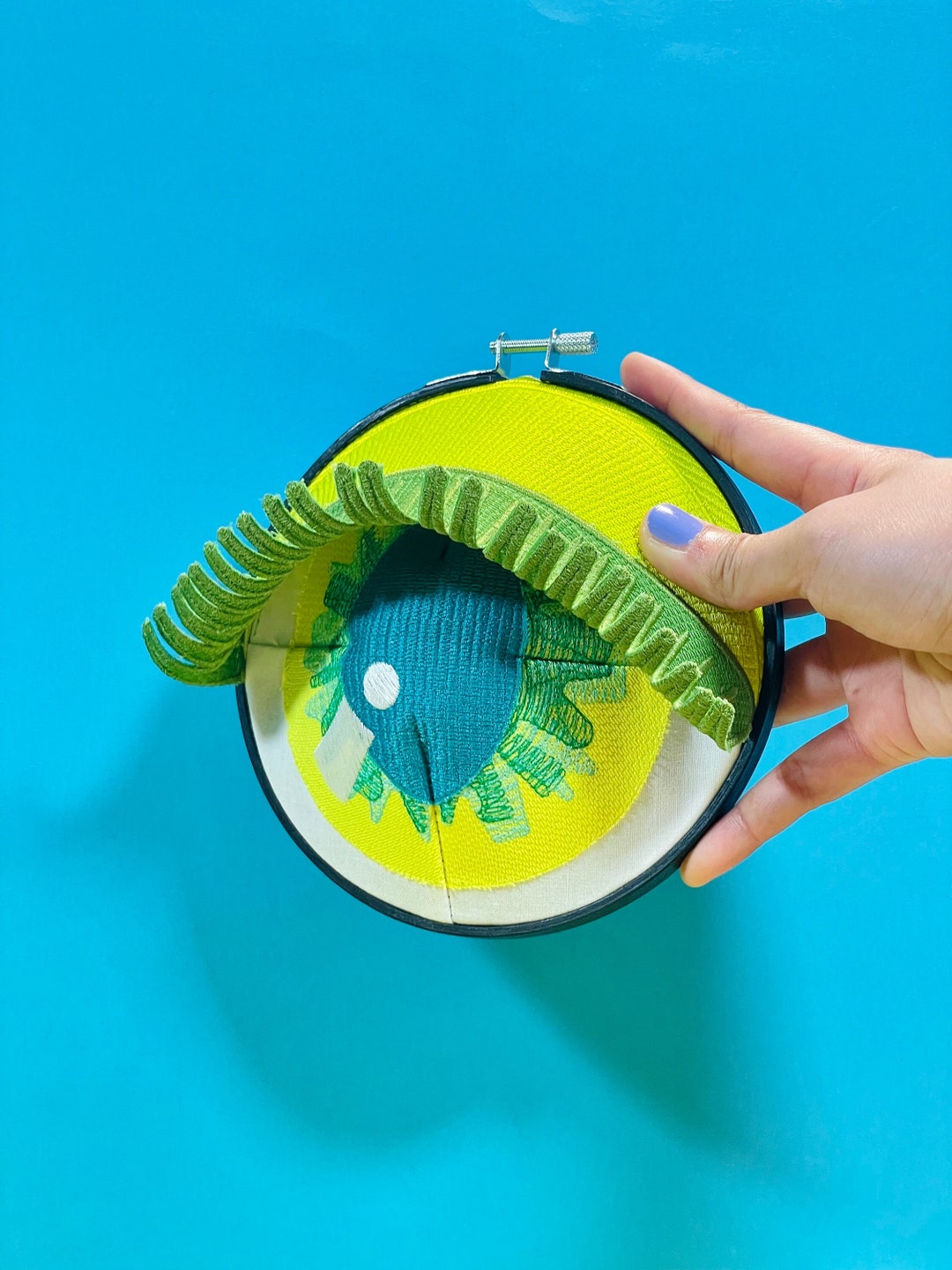 CAI Fiber Art Sculpture of Neon Green and Teal Eye, Oneofakind