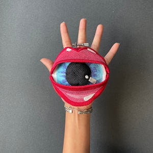 EIKO Embroidered Fiber Art Sculpture: Surrealist Eye Lips Wall Decor
