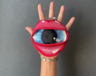 EIKO | fiber art sculpture of embroidered 3D eyes/lips, quirky, eclectic, whimsy, weird, maximalist wall decor hanging for surrealist lovers