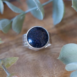Blue Goldstone Sterling Silver Ring, Adjustable Blue Goldstone Ring, Sparkly Blue Ring, Unisex Blue Goldtone Ring
