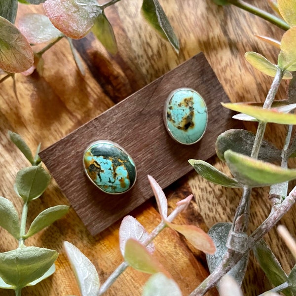 Sterling Silver Turquoise Stud Earrings, Silver Turquoise Boho Stud Earrings, Silver Turquoise Earrings, Silver Hubei Turquoise Earrings