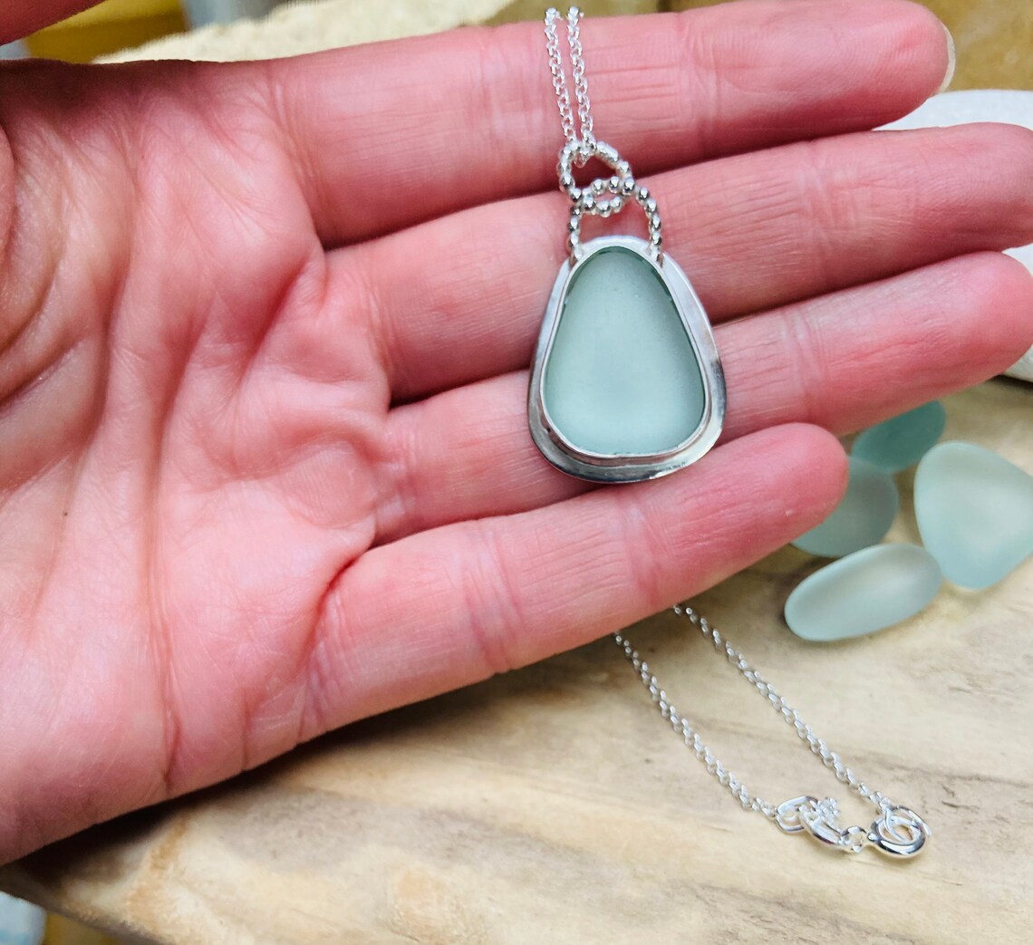 Aqua Sea Glass Necklace Silver Sea Glass Necklace Sea Glass Etsy
