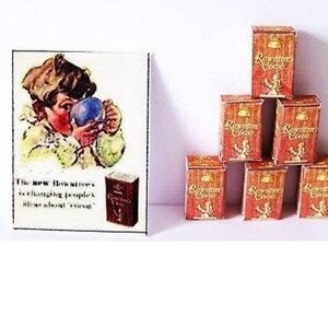May include: A stack of six miniature boxes of Rowntree's Cocoa. The boxes are brown with gold lettering and a picture of a woman holding a cup of cocoa. The boxes are arranged in a pyramid shape. A vintage advertisement for Rowntree's Cocoa is in the background. The advertisement features a young girl drinking a cup of cocoa.