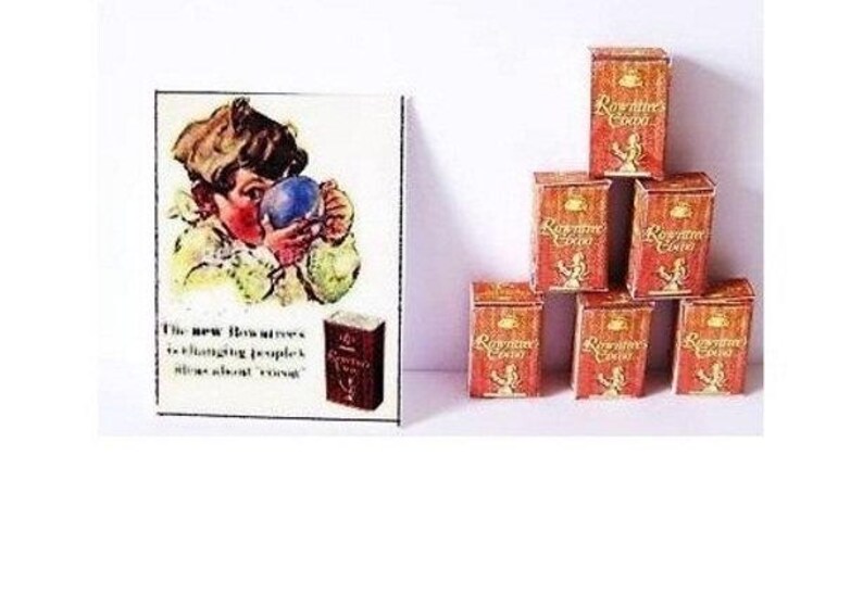 May include: A stack of six miniature boxes of Rowntree's Cocoa. The boxes are brown with gold lettering and a picture of a woman holding a cup of cocoa. The boxes are arranged in a pyramid shape. A vintage advertisement for Rowntree's Cocoa is in the background. The advertisement features a young girl drinking a cup of cocoa.