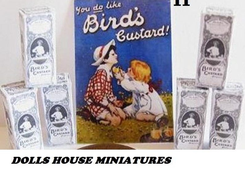 May include: A set of miniature dollhouse boxes with the text "Bird's Custard" printed on them. The boxes are white with black lettering and illustrations. The boxes are arranged in a row on a table. There is a larger box in the background with the same text and a colorful illustration of two children.