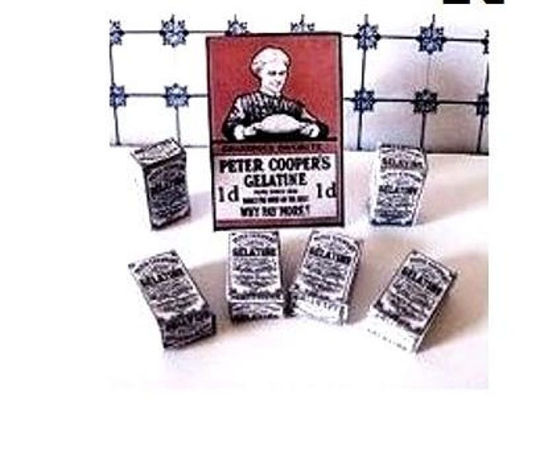 May include: A collection of miniature boxes with the text "Peter Coopers Gelatine 1d Why not more?" printed on the front. The boxes are white with black lettering and are arranged on a white tiled surface.