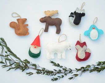 Felt Christmas Ornaments - Handsewn Fox, Polar Bear, Penguin, Gnome, Moose, Squirrel, + Raccoon