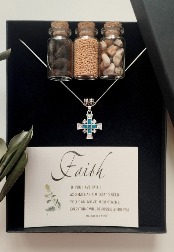 Cross pendant from Jerusalem "If you have faith as small as a mustard seed, you can move mountains" all is possible
