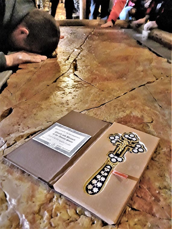 Jerusalem Hand Crucifix placed at Stone of Anointing, Holy Land Gift Set Gethsemane Olive Branch & Galilee Stones, Catholic Christian Gift