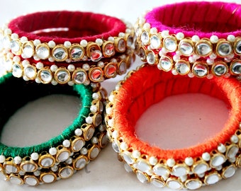 Indian Bangle Set of 2 Small size, Pair of Red or Green or Orange or Pink Hand knit bangle bracelets, wrist cuff bracelet BA00042/43/44/45