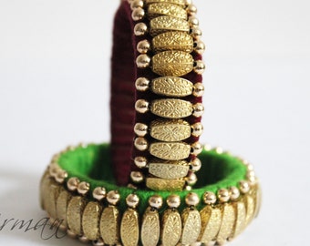Indian wedding bangle Brown/ Green Hand knit bangle bracelets, wool jewelry, Green or Brown with gold beads wrist cuff bracelet BA00024/25