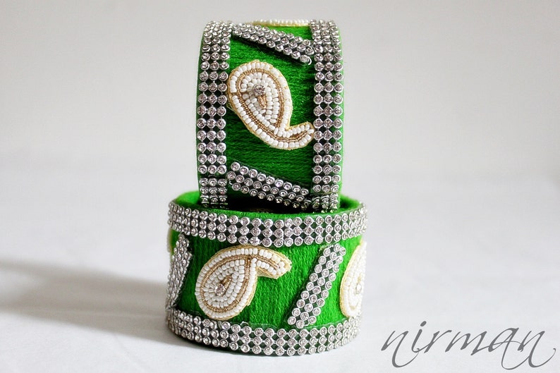 Indian bangle wedding Single GREEN Hand knit bangle bracelet, wool jewelry, with white pearl / beads, rhinestone wrist cuff bracelet BA00008 image 2