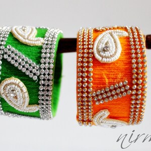 Indian bangle wedding Single GREEN Hand knit bangle bracelet, wool jewelry, with white pearl / beads, rhinestone wrist cuff bracelet BA00008 image 5