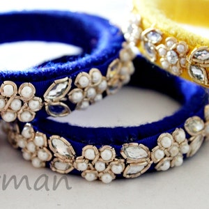 Set of 2 Small size in Pink/ Yellow/ Blue Handmade wool bangle bracelets, gold embroidery wrist cuff bracelet Indian wedding decor BA00053 image 1