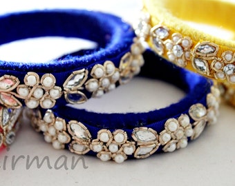 Set of 2 Small size in Pink/ Yellow/ Blue Handmade wool bangle bracelets, gold embroidery wrist cuff bracelet Indian wedding decor BA00053