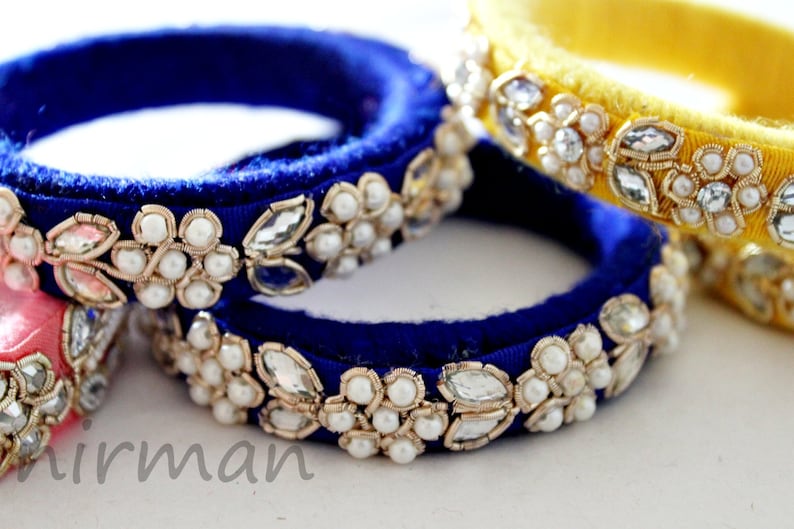 Set of 2 Small size in Pink/ Yellow/ Blue Handmade wool bangle bracelets, gold embroidery wrist cuff bracelet Indian wedding decor BA00053 image 1