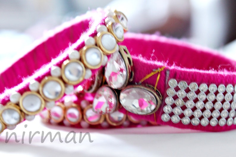 Set of 3 Medium size bangles Pink Handmade wool bangle bracelets, gold embroidery wrist cuff bracelet Indian wedding decor BA00060 image 3