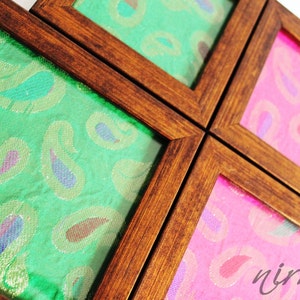 Framed fabric coaster in green or pink silk borcade fabric, Indian henna inspired image 1