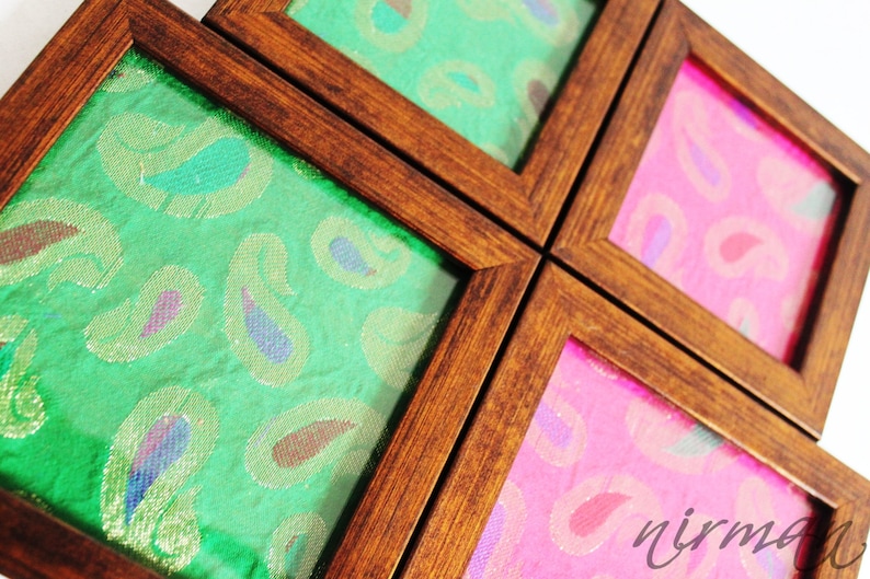 Framed fabric coaster in green or pink silk borcade fabric, Indian henna inspired image 1