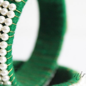 Indian wedding bangle Single GREEN Hand knit bangle bracelet wool jewelry, green with pearl / beads, rhinestone wrist cuff bracelet BA00020 image 4