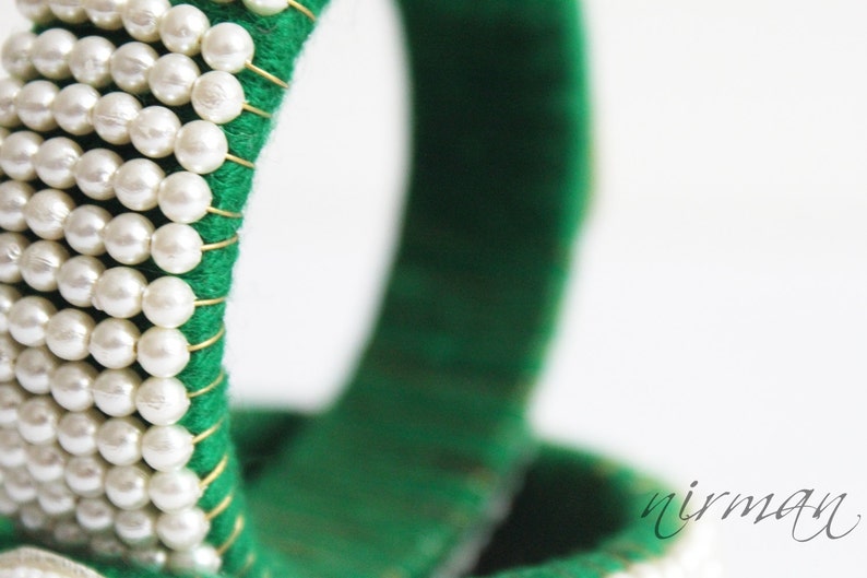 Indian wedding bangle Single GREEN Hand knit bangle bracelet wool jewelry, green with pearl / beads, rhinestone wrist cuff bracelet BA00020 image 4