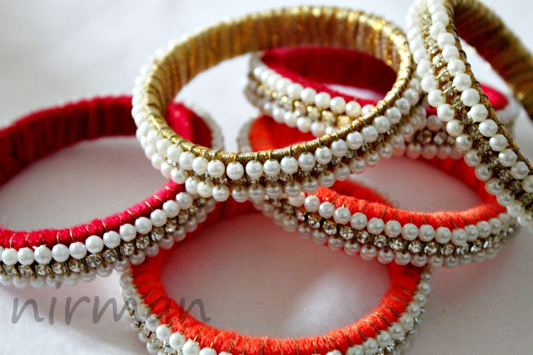 Buy Set of 2 Small Size Red Gold Orange Handmade Wool Bangle Bracelets ...