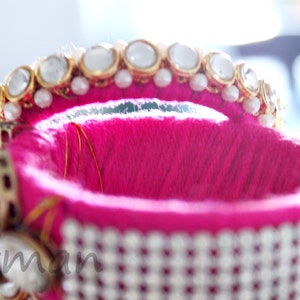 Set of 3 Medium size bangles Pink Handmade wool bangle bracelets, gold embroidery wrist cuff bracelet Indian wedding decor BA00060 image 4